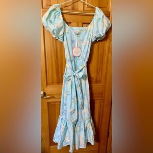 LoveShackFancy Pastel Blue and Cream Floral Dress